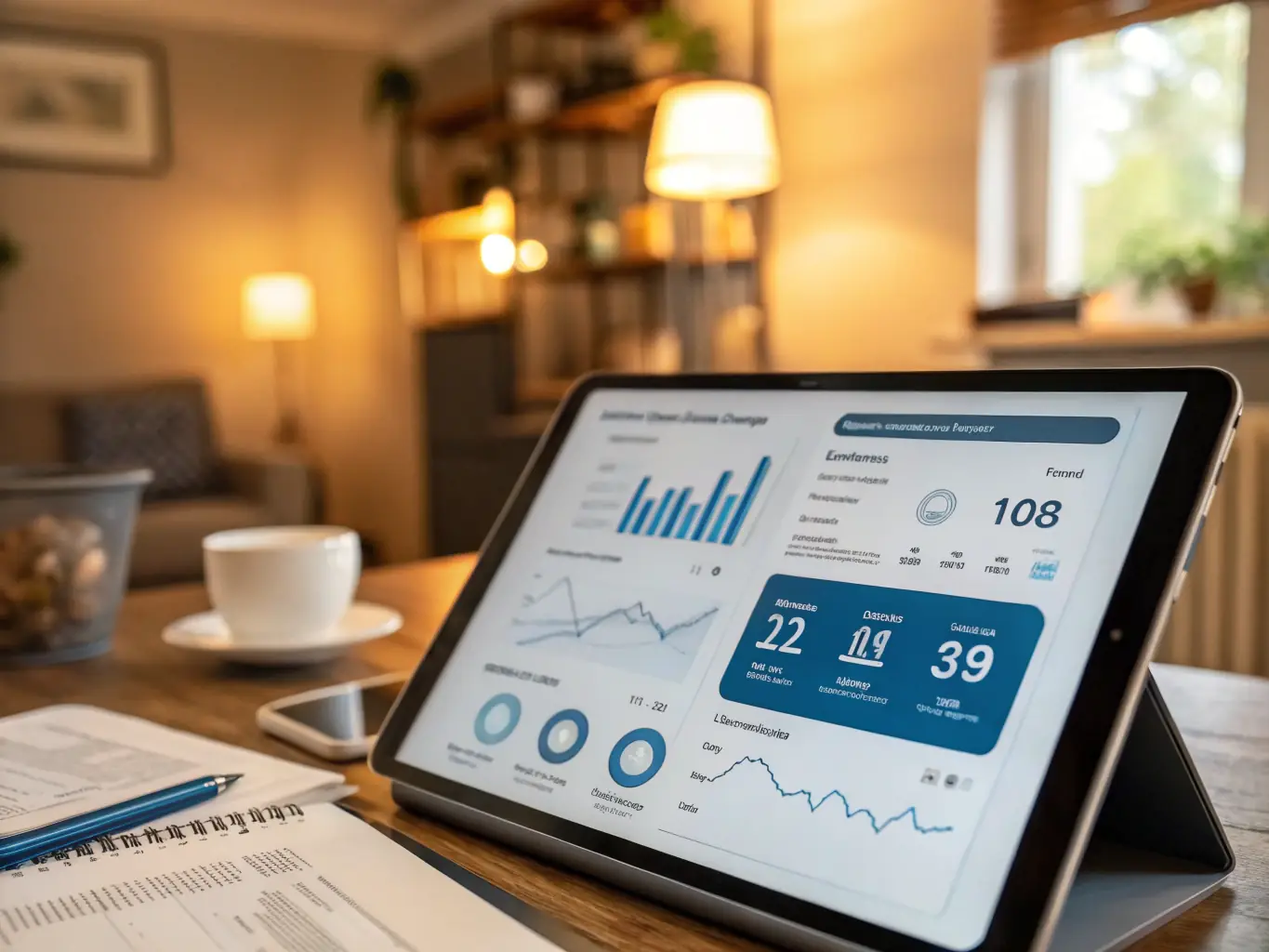 A customizable financial dashboard is displayed on a tablet, showing various widgets and charts tailored to a specific user's needs. The dashboard is clean and intuitive, highlighting the flexibility of our solutions.