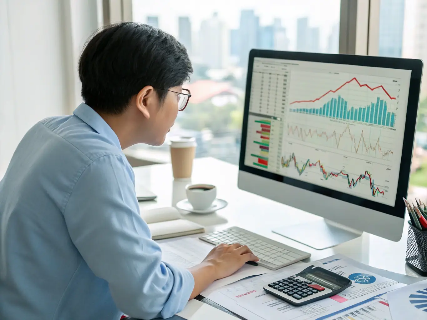 A professional financial analyst is reviewing a complex financial dashboard on a large monitor, with multiple charts and graphs displaying key performance indicators. The scene is well-lit and modern, conveying a sense of expertise and data-driven decision-making.