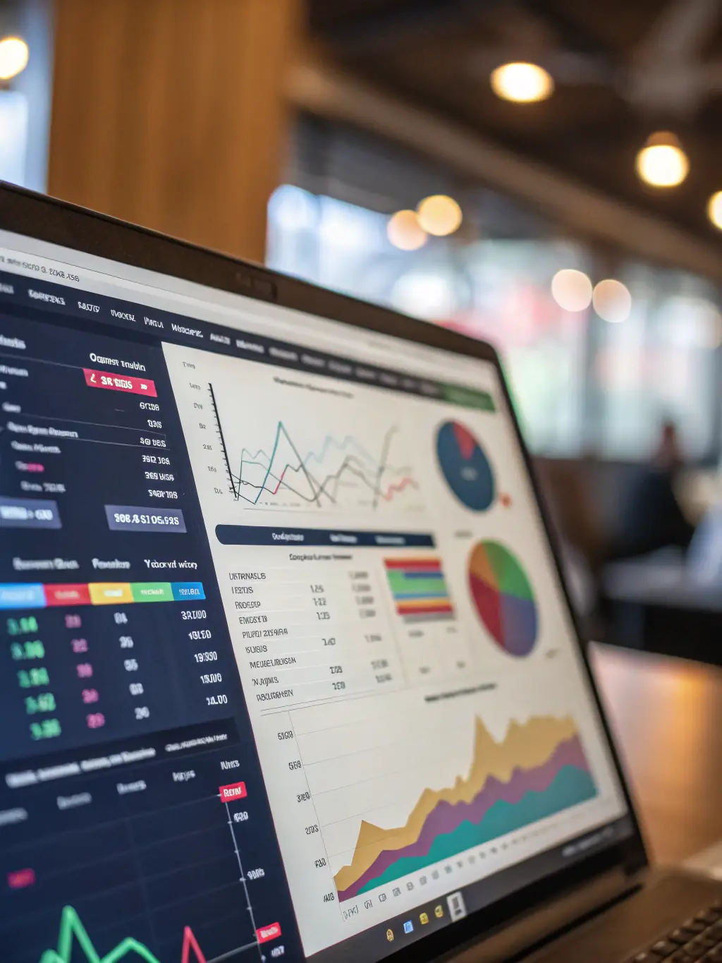 An AI-generated image of a sophisticated dashboard displaying real-time financial data, with interactive charts and graphs, set against a backdrop of a modern office environment.