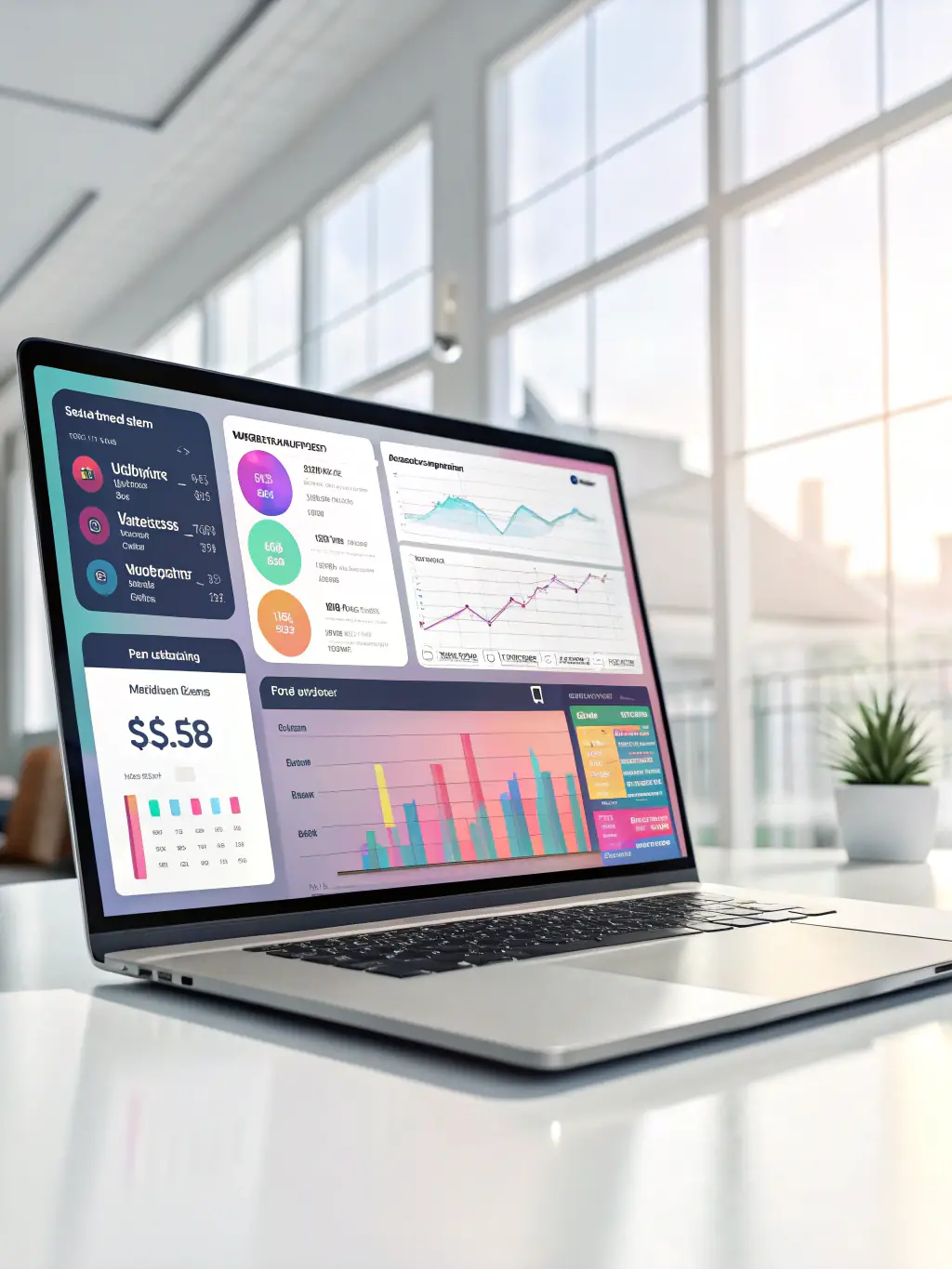 An AI-generated image of a customizable dashboard interface, showcasing various widgets and data visualizations tailored to specific client needs for Virtual-gateway's platform.