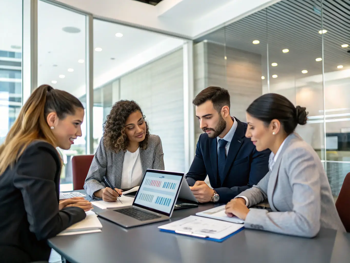 A team of financial professionals is collaborating around a table, reviewing predictive models and discussing potential investment strategies. The atmosphere is collaborative and focused, emphasizing the power of predictive analytics.